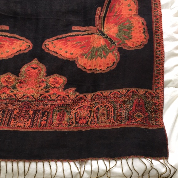 Red, black, orange Pashmina butterfly scarf - Picture 2 of 3